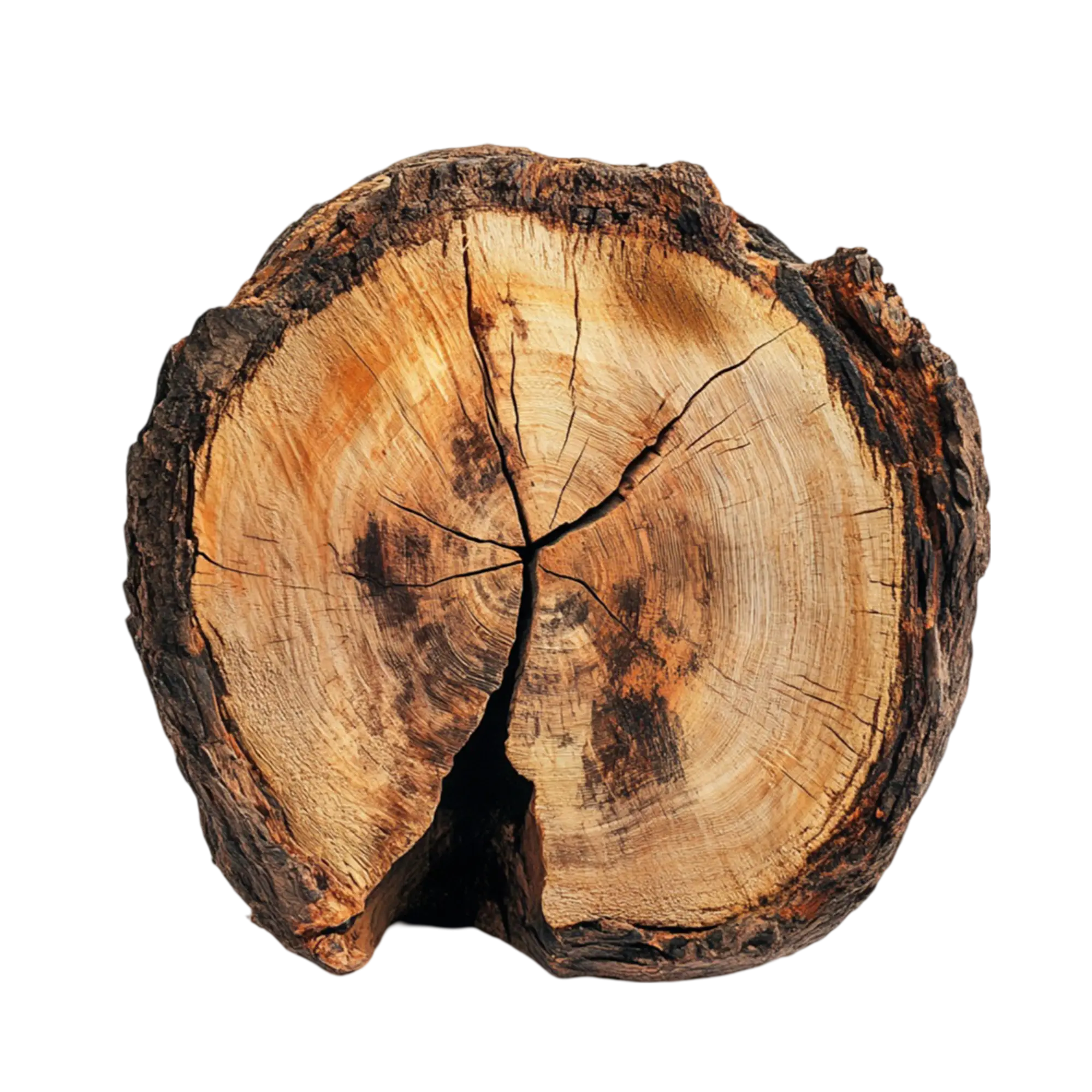 A horizontal cross-section of a tree trunk showing visible rings, dark bark, and natural cracks on a white background.