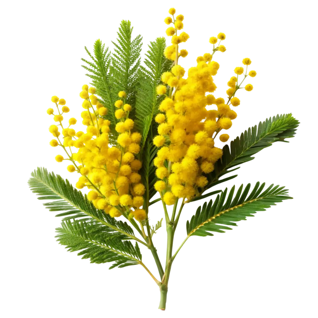 A mimosa branch with bright yellow spherical flowers and green feathery leaves on a white background.