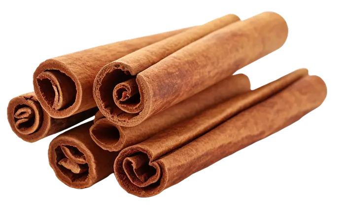 A stack of brown cinnamon sticks on a white background.