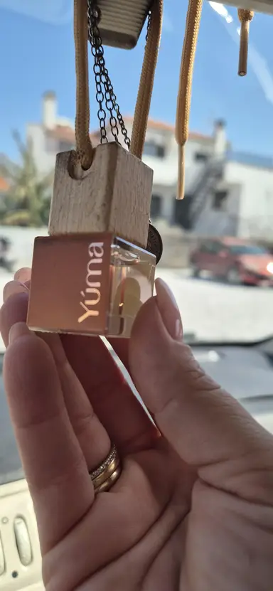 A hand holding a YUMA hanging car diffuser with a wooden cap inside a car.