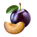 A whole purple plum with a green leaf and a cut slice on a white background.