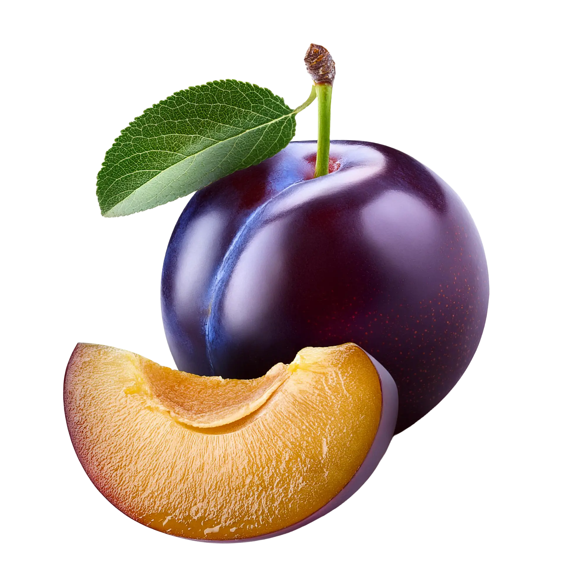 A whole purple plum with a green leaf and a cut slice on a white background.