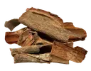 A pile of raw tree bark pieces in brown and earthy tones on a white background.