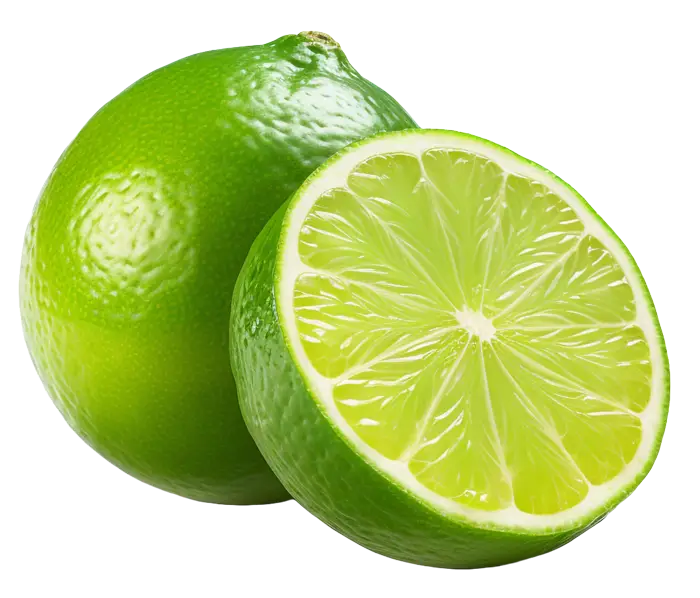 A whole green lime next to a lime cut in half, showing the flesh.