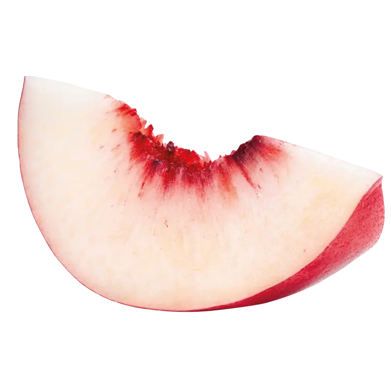 A slice of white-fleshed peach with a red centre and skin on a white background.
