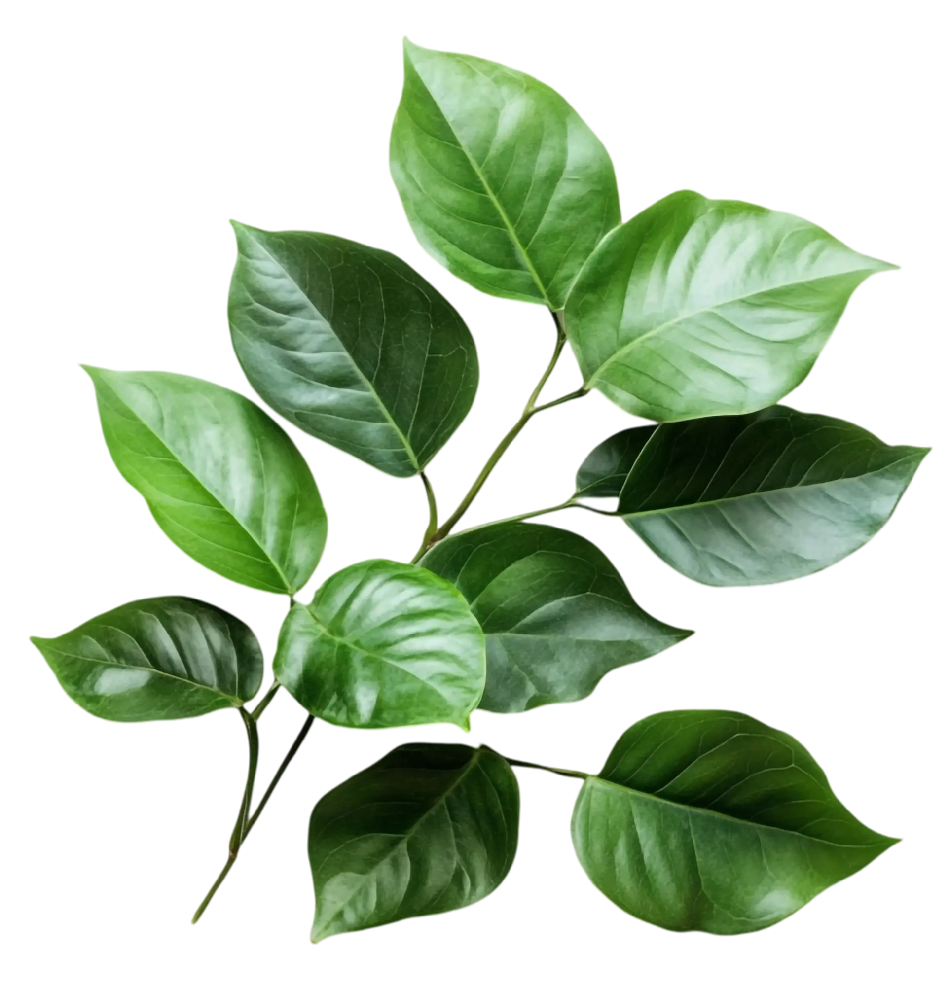 A green branch with smooth, glossy leaves on a white background.