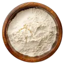 Top-down view of a wooden bowl filled with fine white powder on a white background.