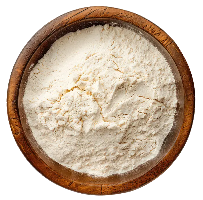Top-down view of a wooden bowl filled with fine white powder on a white background.