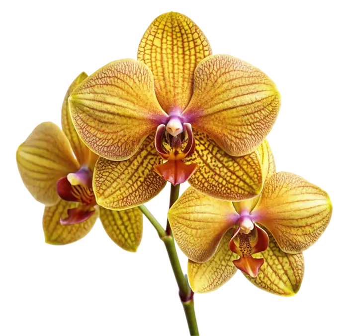 Yellow orchids with delicate brown streaks and a purple centre on a white background.