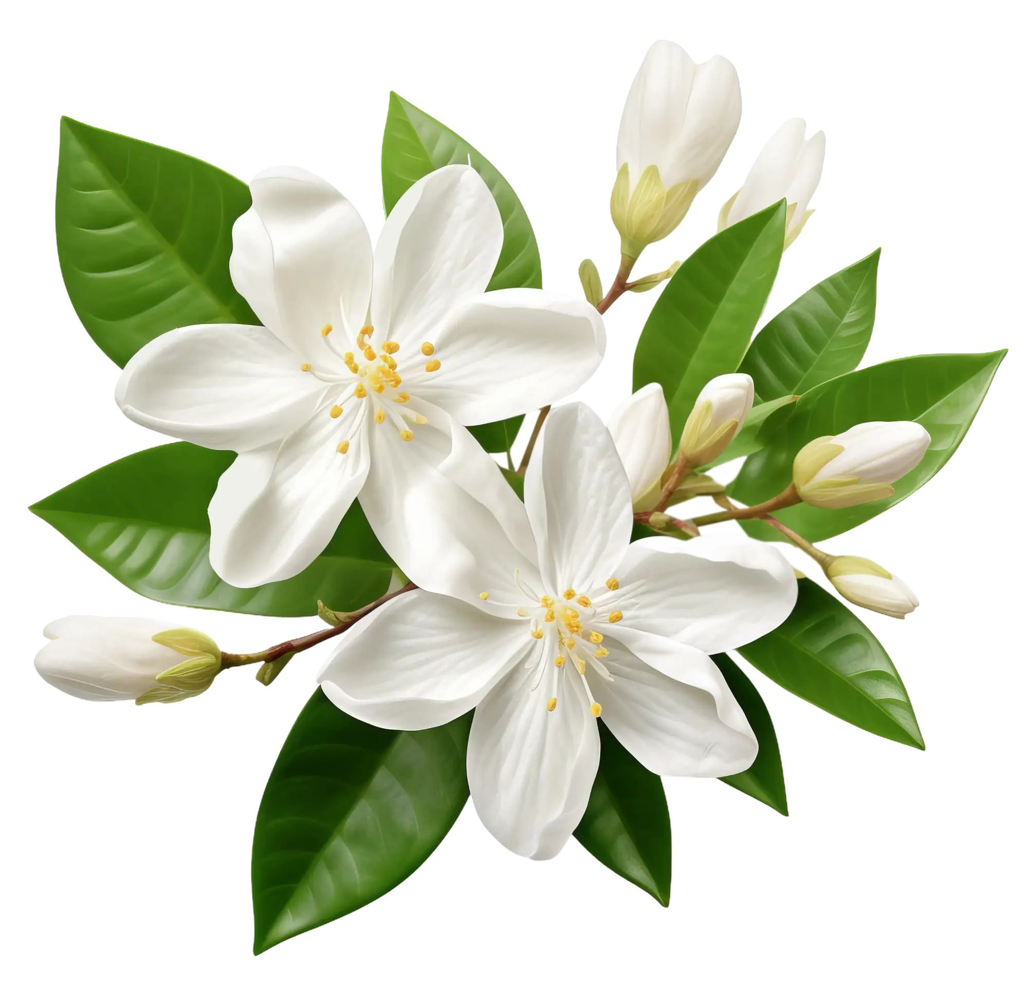 Two white flowers in bloom with yellow stamens, surrounded by green leaves and closed buds.