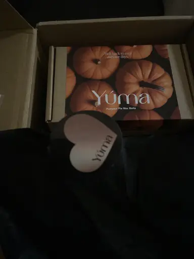 An open YUMA Pumpkin Pie Wax Melts box with packaging featuring orange pumpkins.