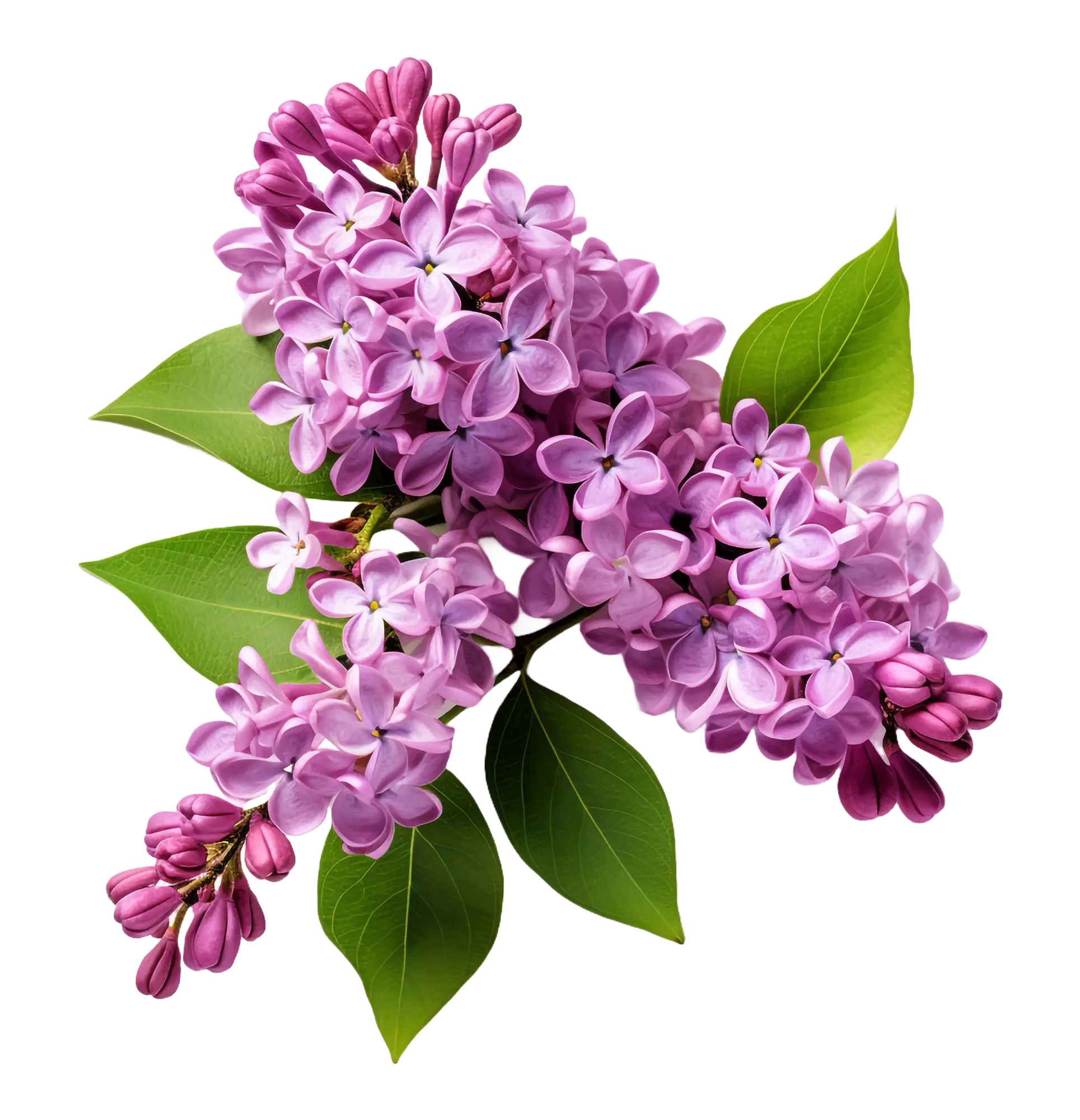 A lilac branch with purple blossoms and green leaves on a white background.