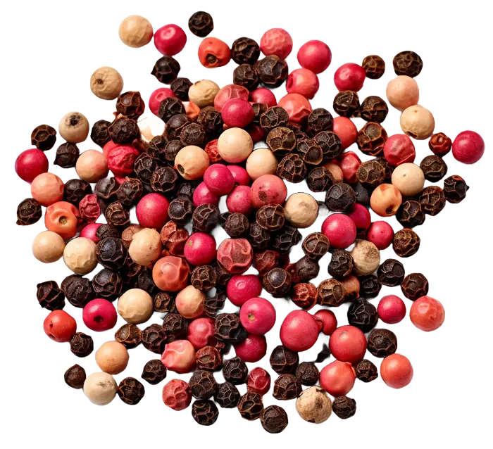 A mix of whole peppercorns in black, pink, and white on a white background.