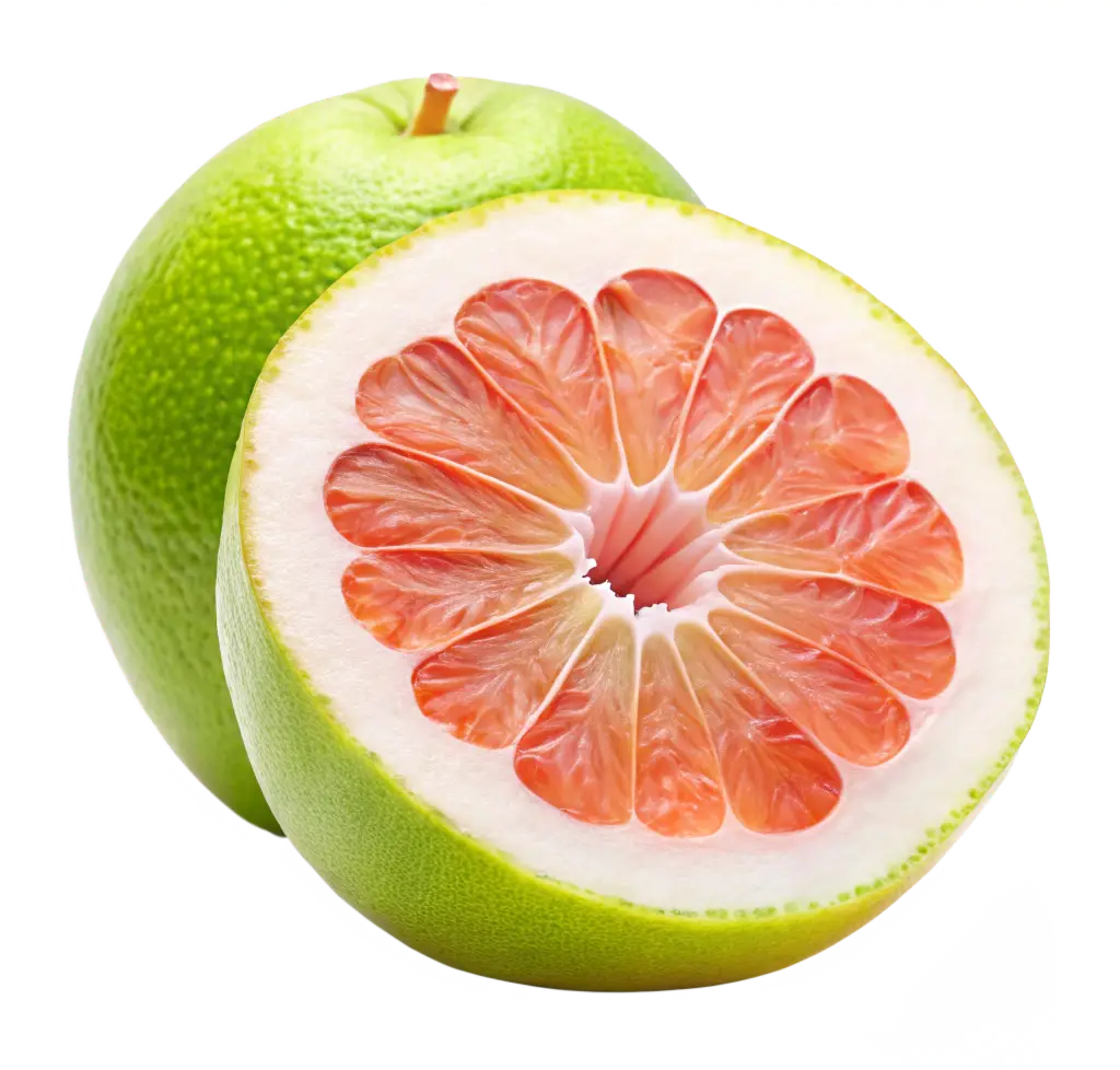 A whole green grapefruit next to a halved one showing pink flesh, on a white background.
