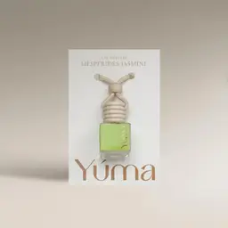 YUMA Hesperides Jasmine Car Diffuser in a glass bottle with a wooden cap and cord.