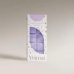YUMA Lilac Meadow Wax Melts in purple, in white packaging with brown detailing.