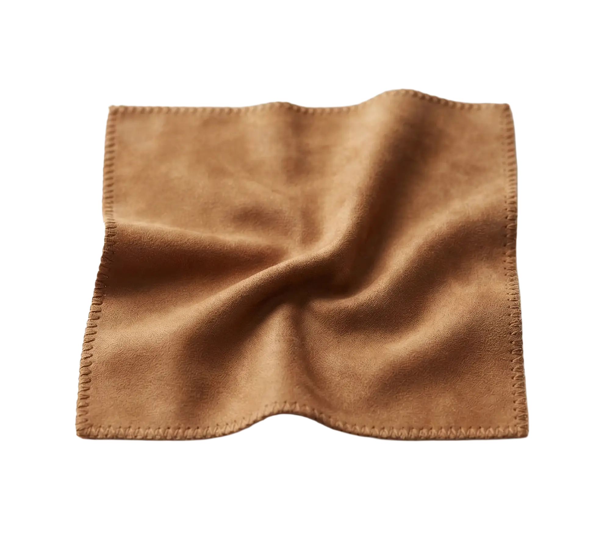 A square brown cleaning cloth with a textured surface and stitched edges on a white background.