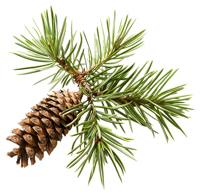Green pine branch with a single brown cone on a white background.