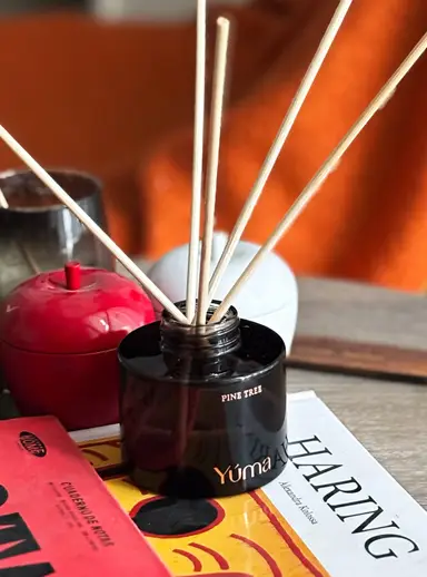 A dark glass YUMA Pine Tree reed diffuser jar with wooden sticks, placed on top of books.