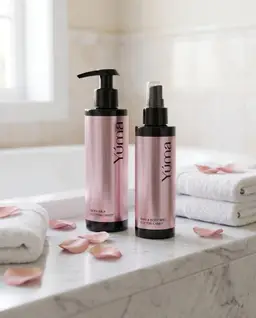 Two pink metallic YUMA Cotton Candy bottles beside white towels and rose petals.