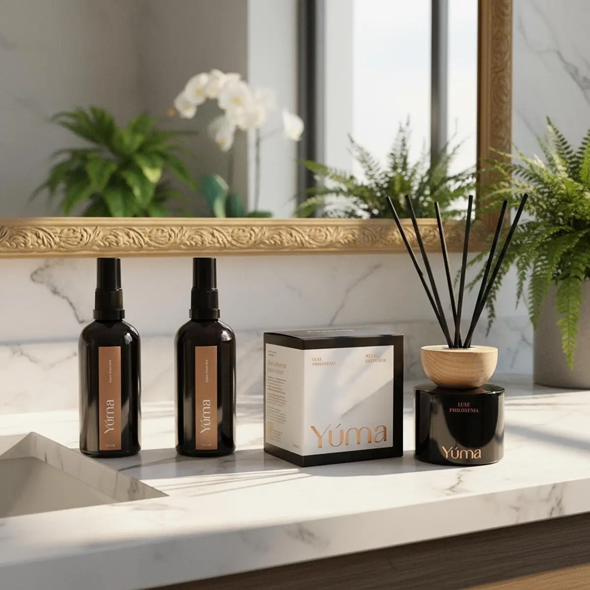 YUMA Gift Set featuring room sprays and a Luxe Philoxenia reed diffuser on a marble bathroom countertop.