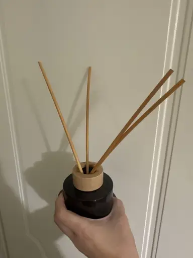 A hand holding a dark glass room fragrance bottle with a wooden cap and four reed sticks.