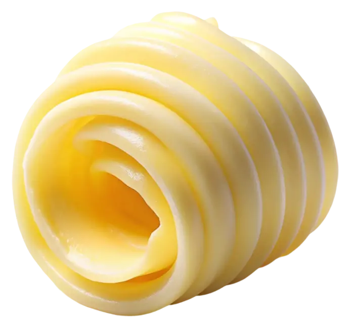 A spiral curl of creamy yellow butter on a white background.