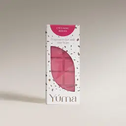 YUMA Cycladic Roots pink wax melts in white packaging with brown details and an open window.
