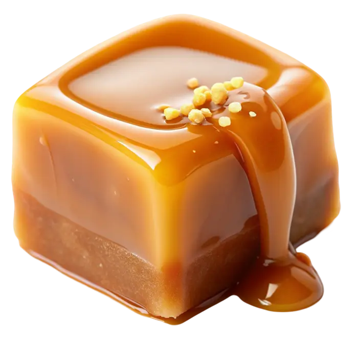 A square piece of soft caramel with a liquid glaze and small salt crystals, on a white background.