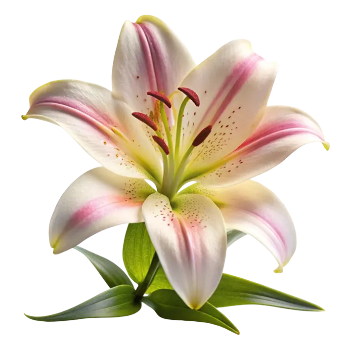 A white lily with pink-striped petals and green leaves on a white background.