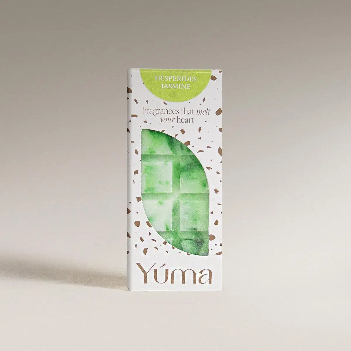 YUMA Wax Melts Hesperides Jasmine white packaging with a green bar-shaped wax melt.