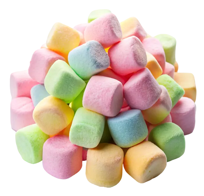 A pile of colourful marshmallows in pastel shades of pink, yellow, green, and blue on a white background.