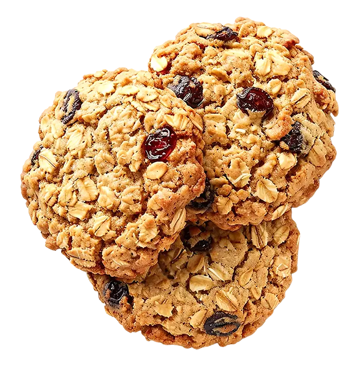 Three round oat cookies with whole raisins and cereal flakes on a white background.