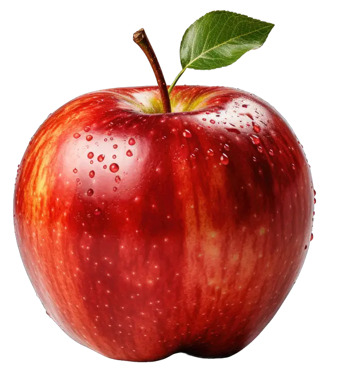 A whole red apple with water droplets, a stem, and a green leaf on a white background.