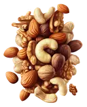 An assortment of whole almonds, cashews, walnuts, and hazelnuts grouped together on a white background.