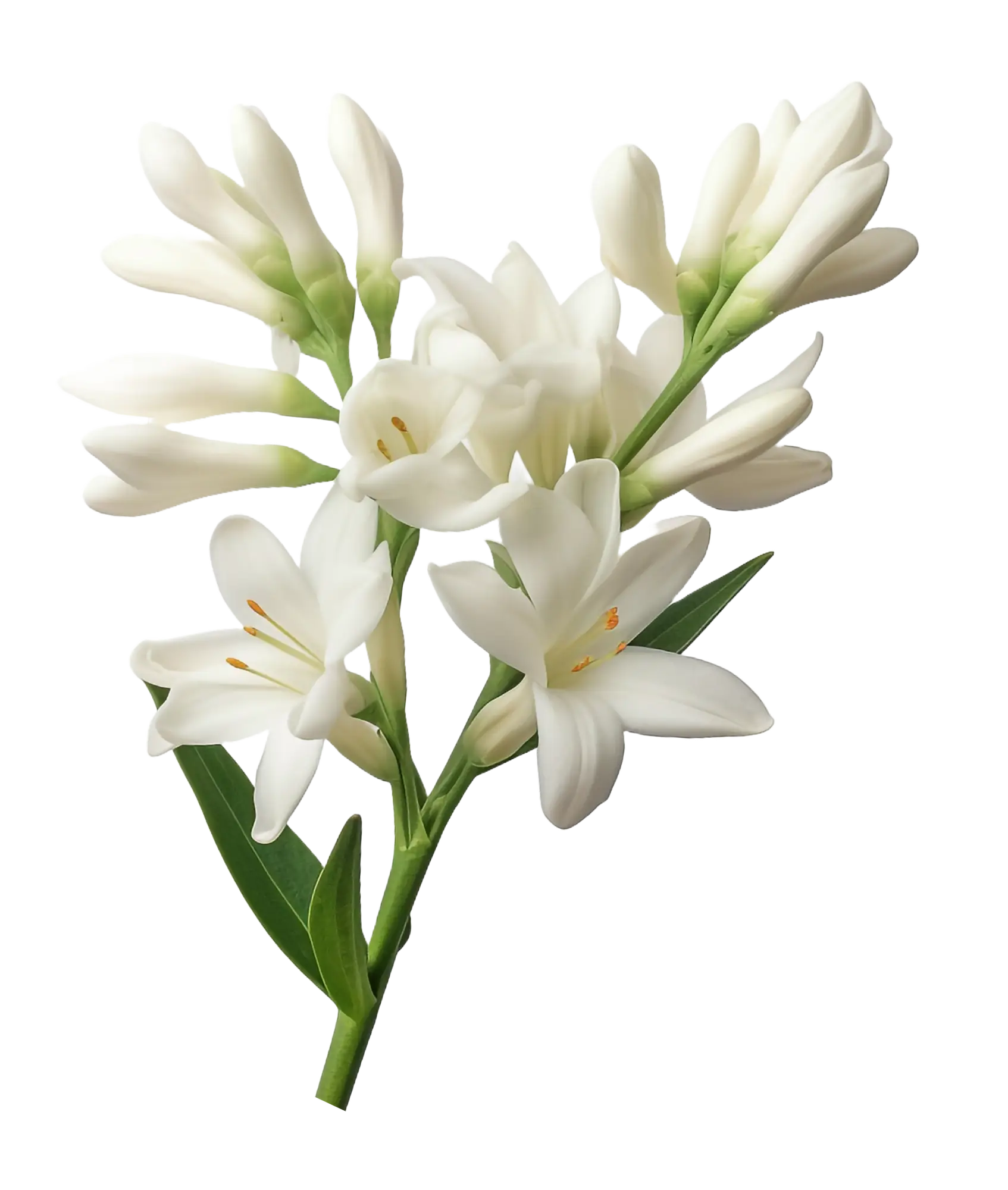 Close-up of open white lily blooms and closed buds on a green stem, on a white background.