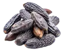 A pile of dried tonka beans with dark textured shells on a white background.