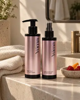 Yúma Body Milk & Δώρο Mist Cotton Candy in a home setting.