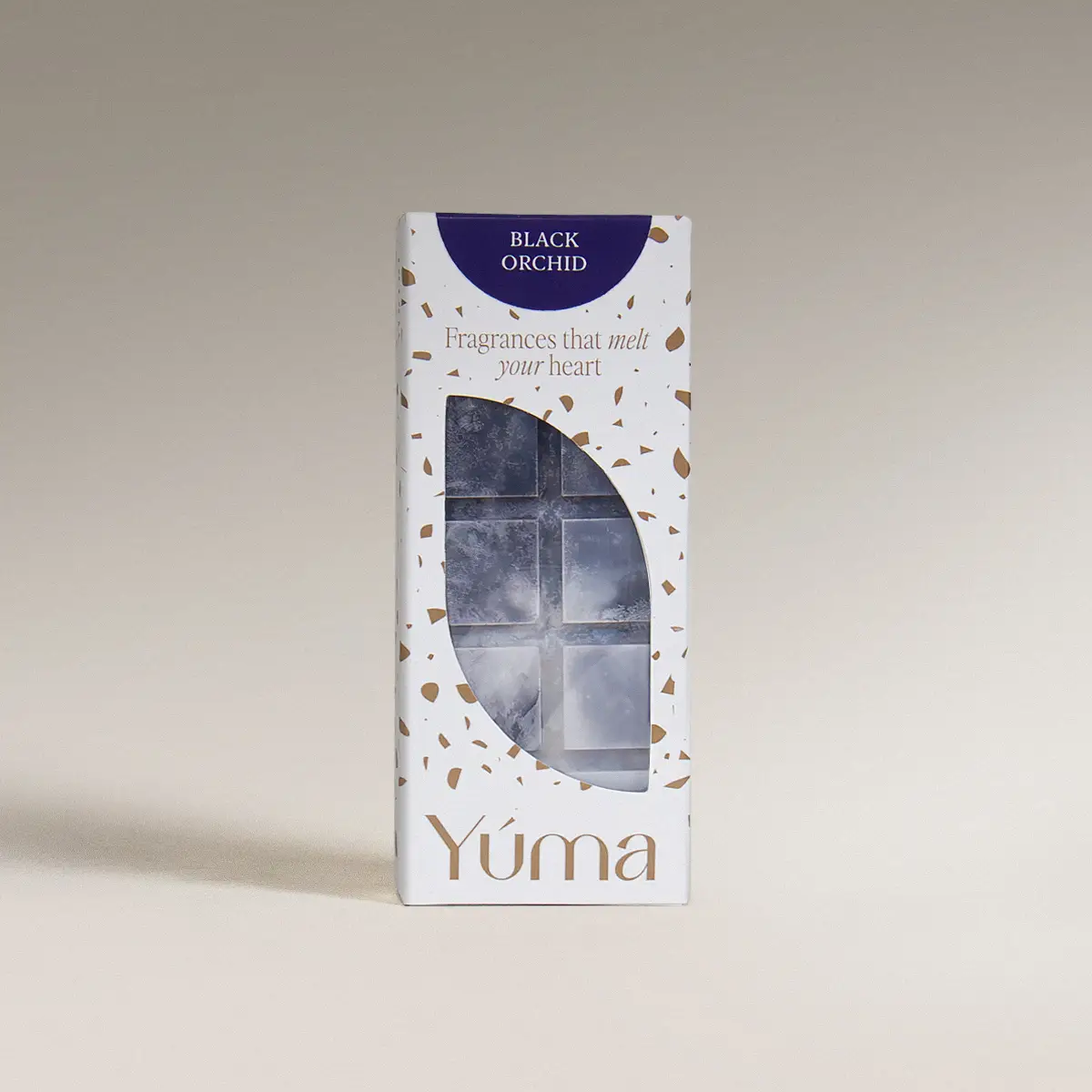 YUMA Black Orchid Wax Melts packaging with grey wax cubes on a white background.