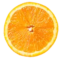 Close-up of a round orange slice with juicy flesh on a white background.