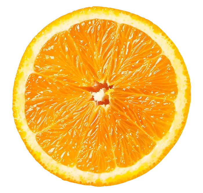Close-up of a round orange slice with juicy flesh on a white background.
