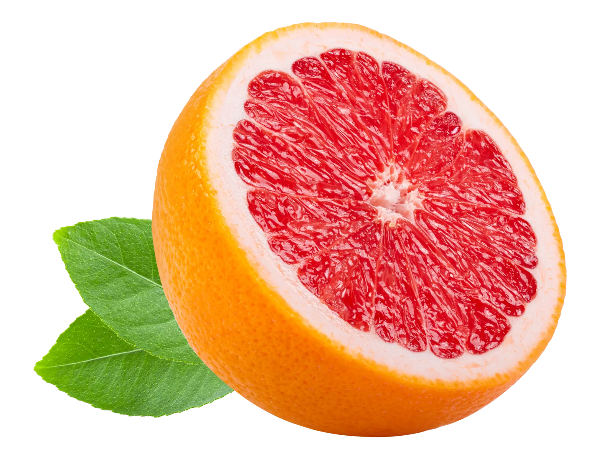 A halved grapefruit with red flesh and two green leaves on a white background.