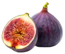 A whole purple fig beside a halved fig showing red flesh, on a white background.