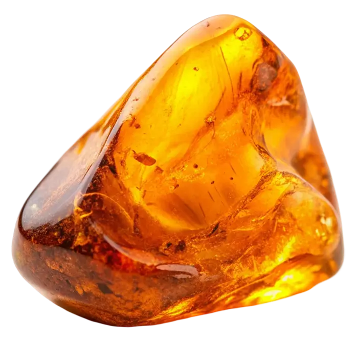 A semi-transparent amber piece in an irregular shape, with golden and brown tones on a white background.