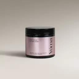 YUMA Cotton Candy Body Scrub in a black jar with a pink metallic label on a grey background.