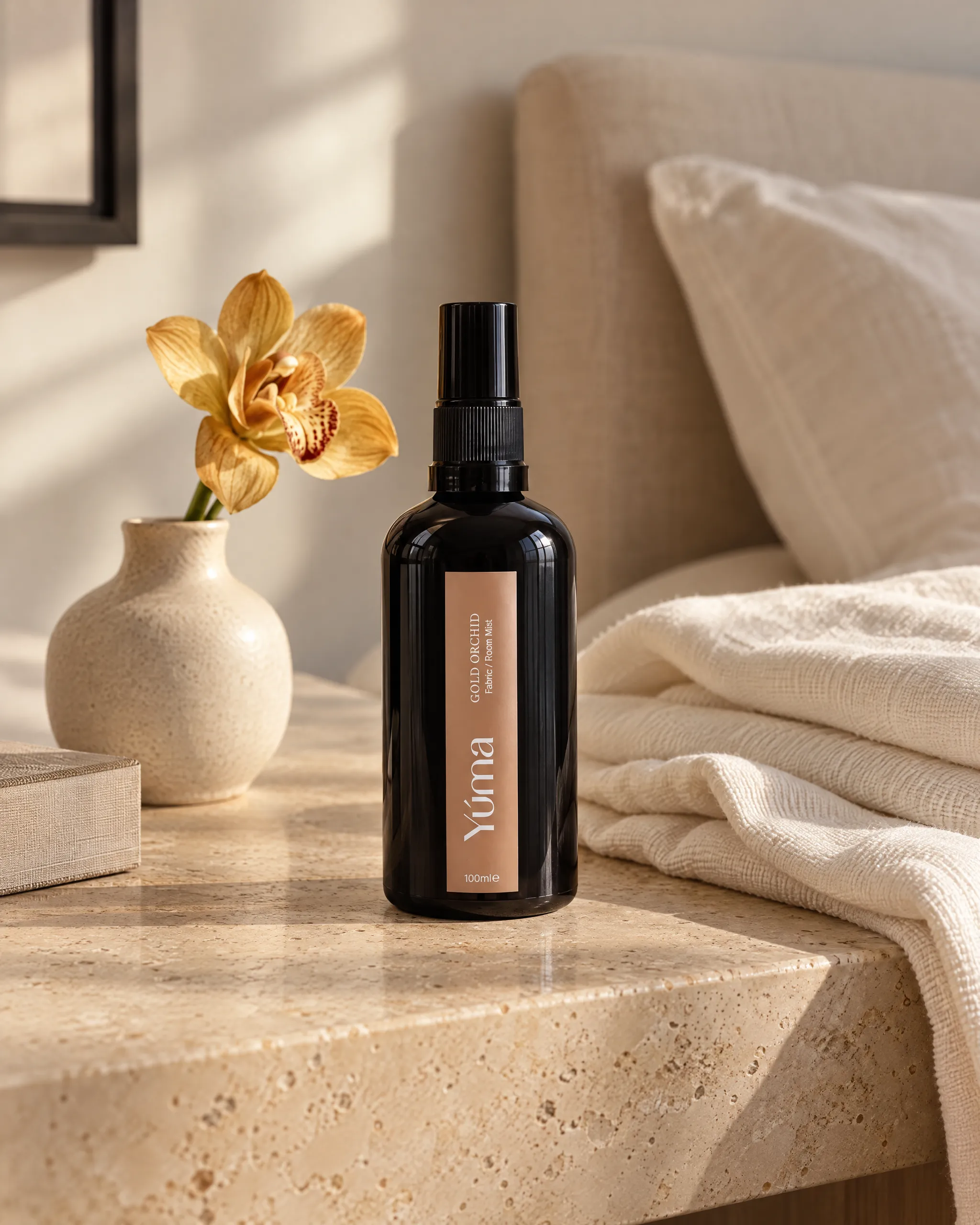 Yúma Gold Orchid Fabric/Room Mist in a home setting.