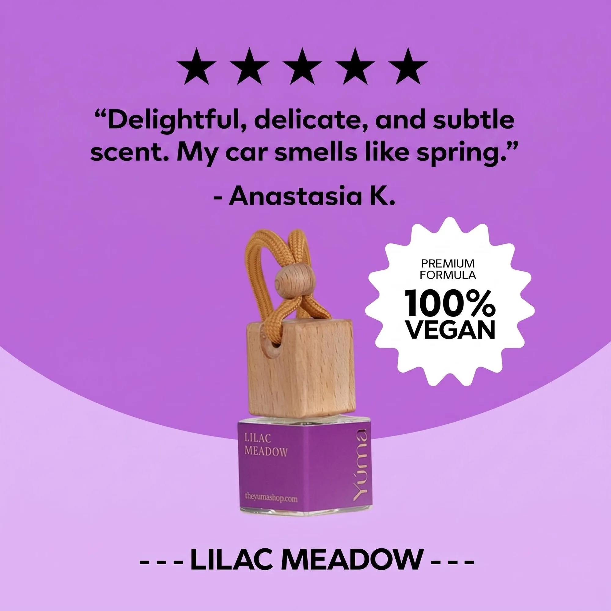 YUMA Car Diffuser Lilac Meadow with a wooden stopper and purple label on a lilac background.