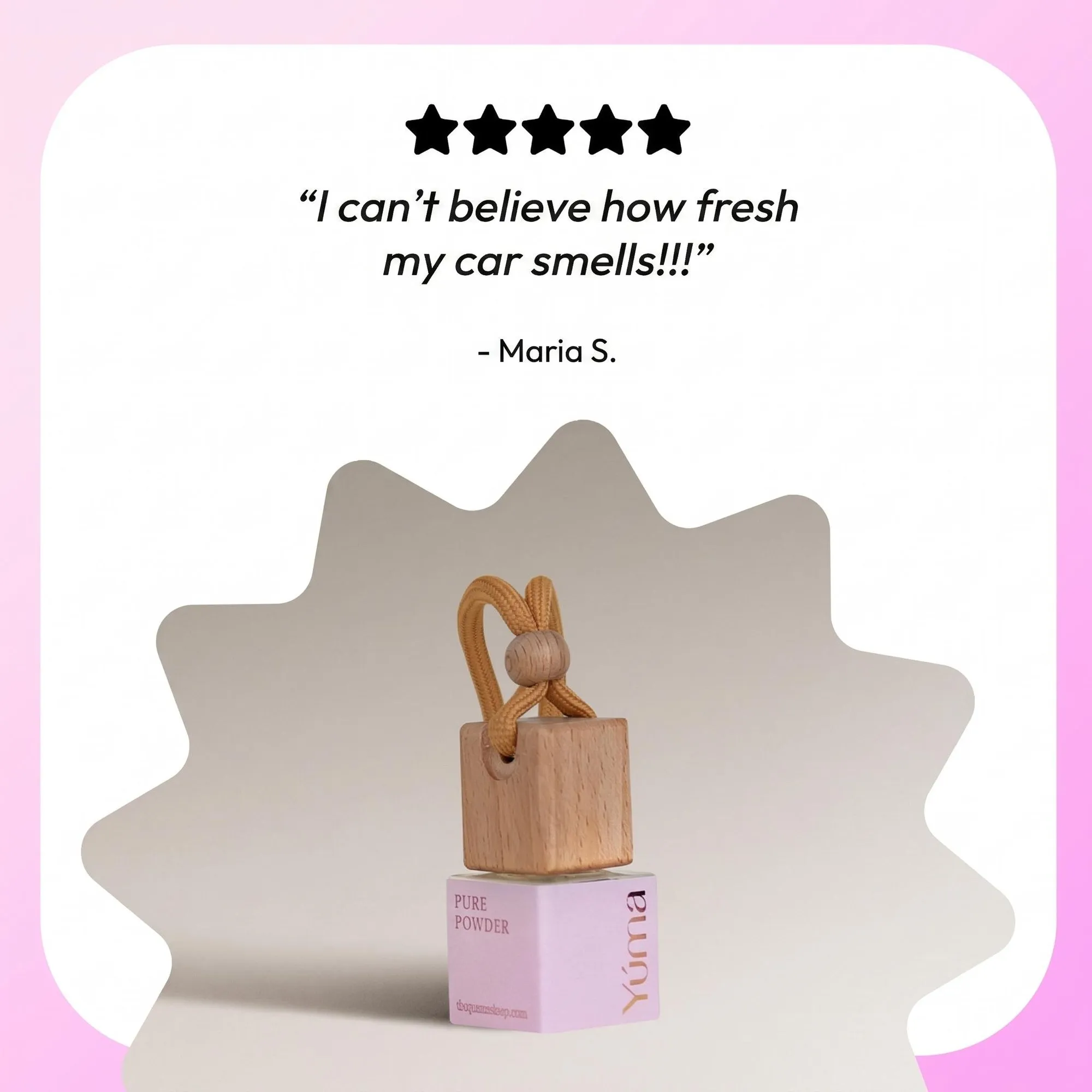 YUMA Pure Powder Car Diffuser on top of its pink packaging with a customer review.