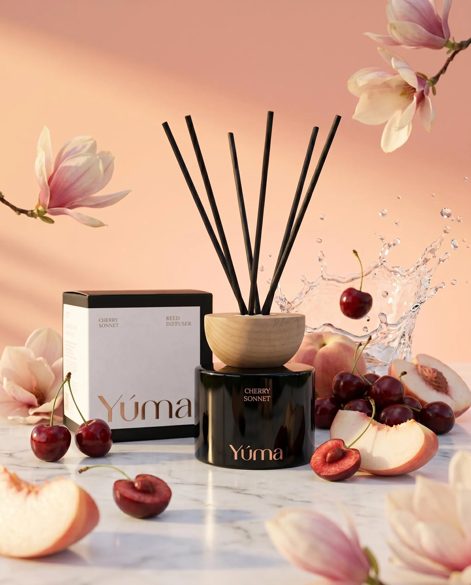 YUMA Cherry Sonnet reed diffuser surrounded by fresh cherries, peaches, and magnolia blossoms.