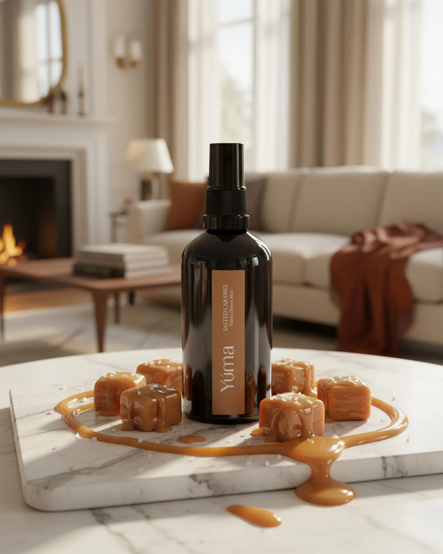 YUMA Fabric Mist Salted Caramel dark bottle surrounded by caramel cubes on marble.